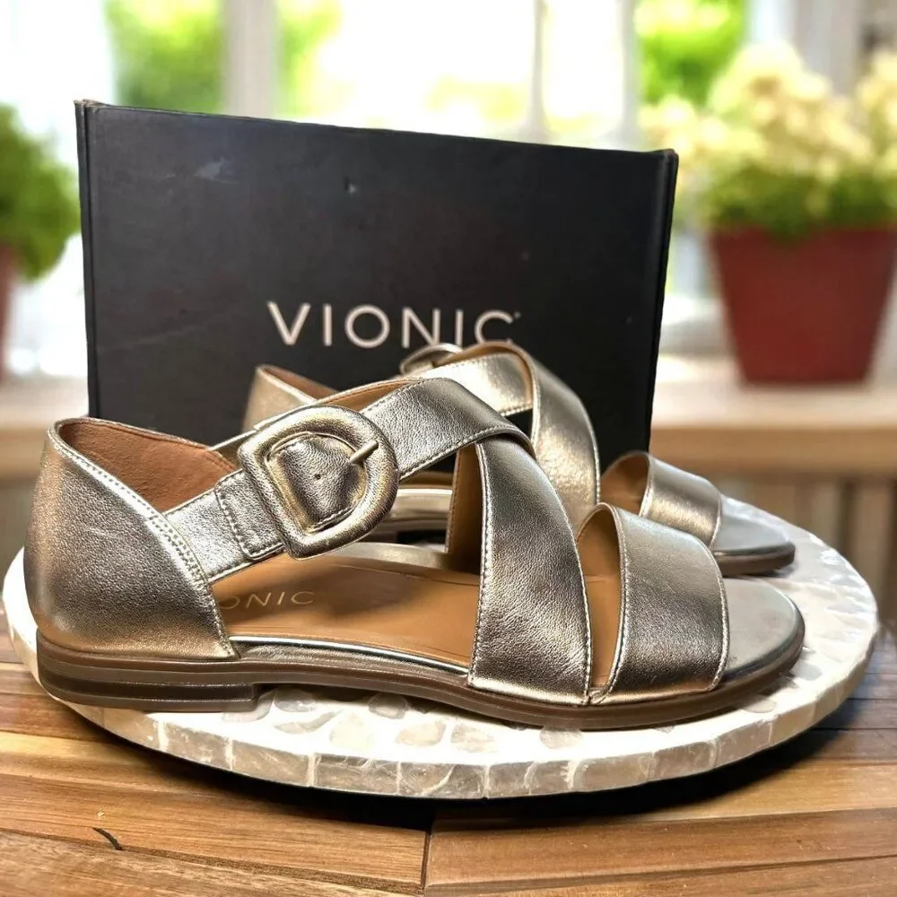 Vionic Pacifica Supportive Orthotic Sandal Gold Metallic Leather Women’s 9 Wide